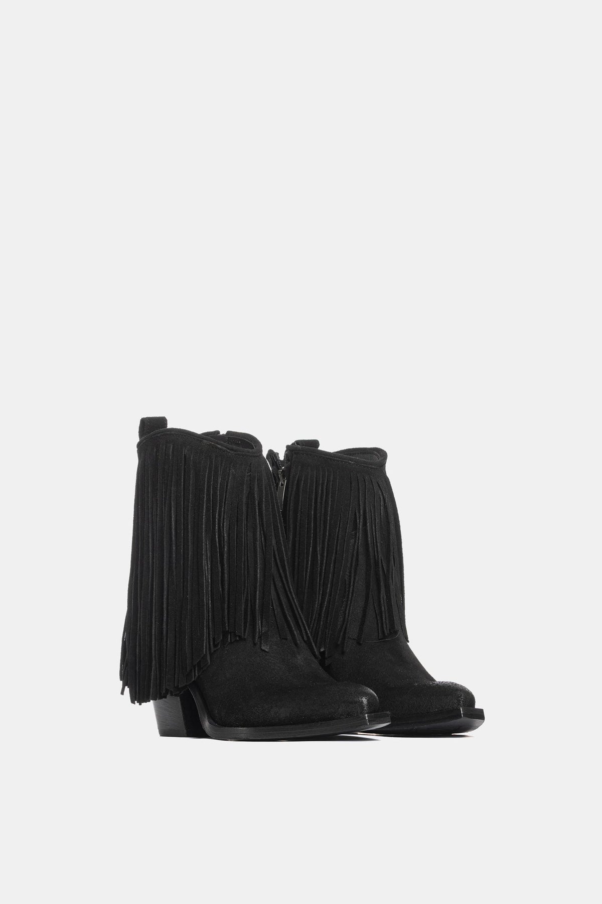 TAKODA Black Fringe Suede Ankle Boots